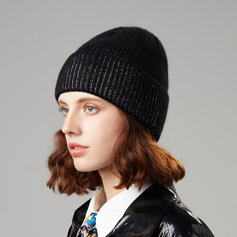 Kvinnliga mössor vintermössor för kvinnor kaninhår casual höststickad mössa tjejmössa mjuk mössa: Svart