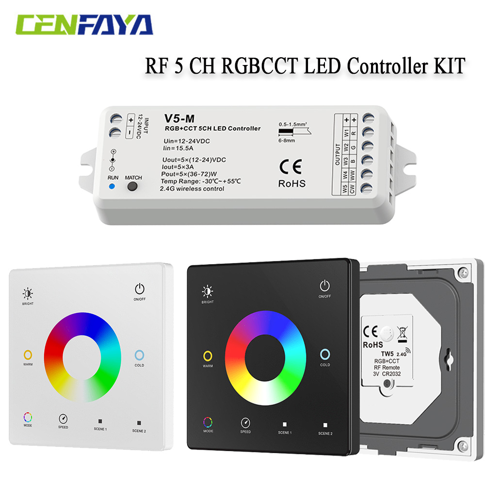 2,4 G kabellos 5-Kanal RGBCCT LED-Regler mit RF-Fernbedienung für RGBW RGBWW RGB CCT Lichtstreifen Farbwechsel DC12V 24V