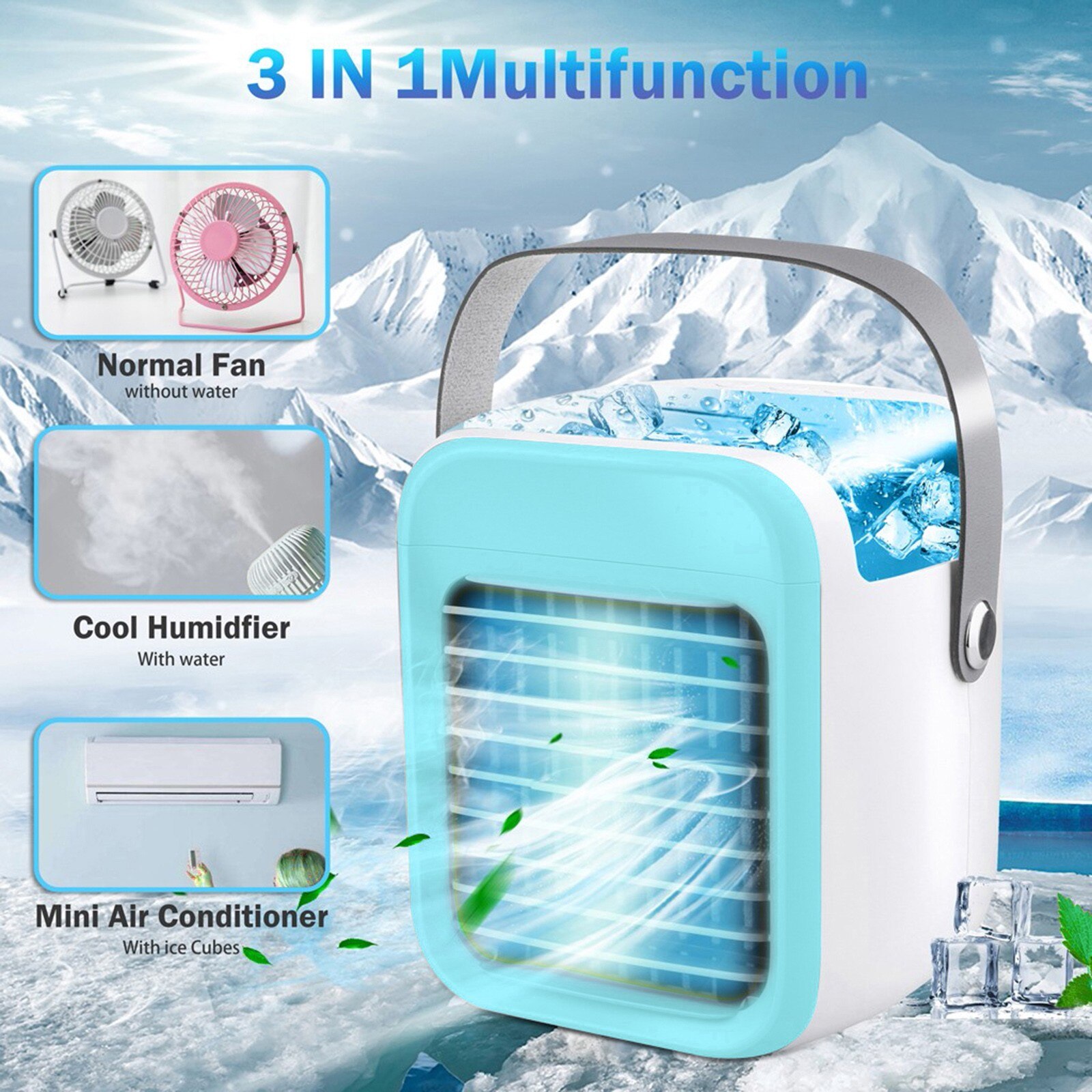 Kantoor Draagbare Airconditioner Ventilator, dc/Usb/Power Bank Oplaadbare Evaporative Air Conditioner Cooler Met 3 Snelheden 7 Kleuren