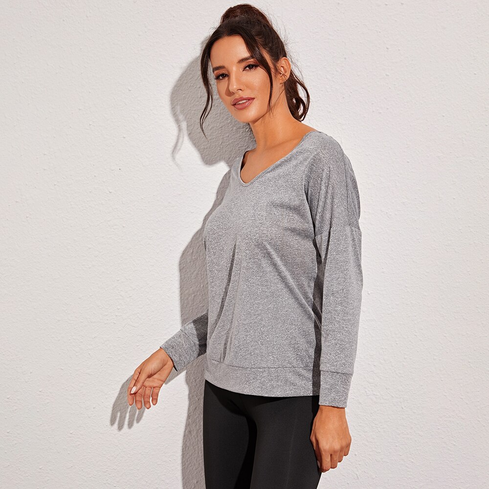 Vrouw Lange Mouw Ronde Hals Criss Cross Terug Vochtafvoerende Yoga Shirt