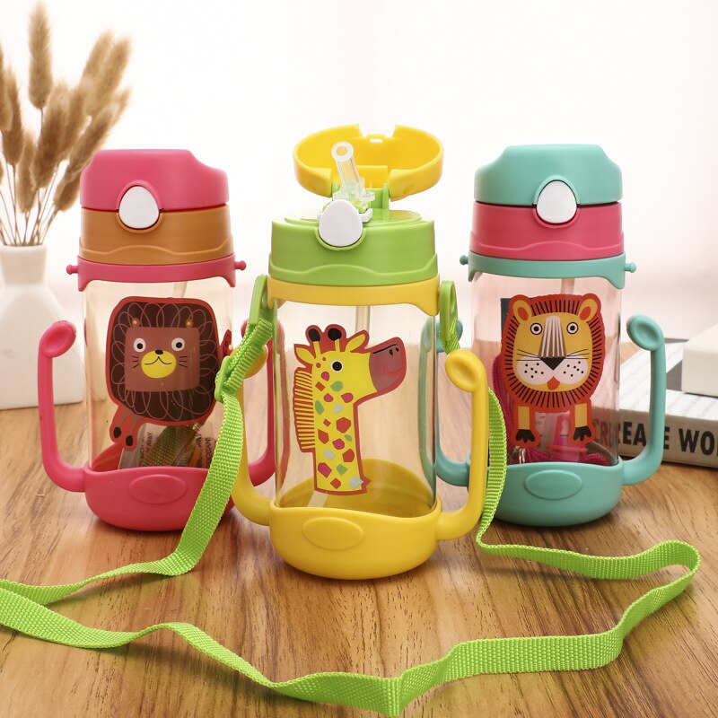 400ml kinderen leren drinkbekers, rietje, drinkfles, beker met handvat, schattige dubbele handgreep, kinderfles met water en sap