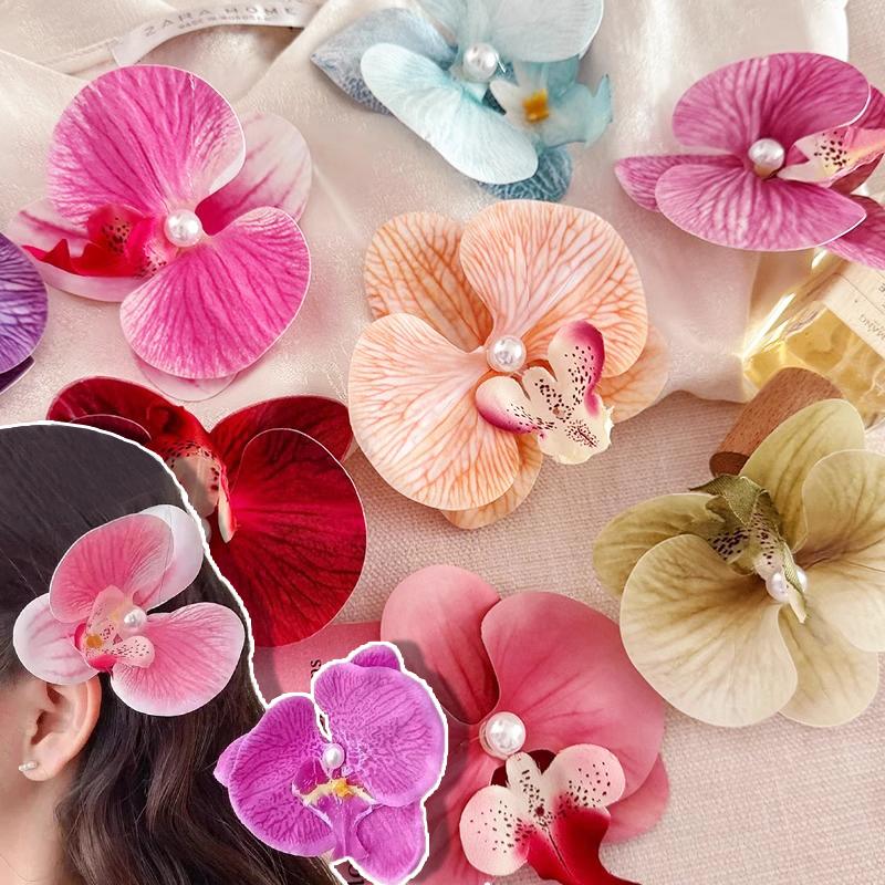 Pinzas para el cabello con flores de orquídeas para mujer, horquilla bohemia, pasador nupcial, playa, boda, flor artificial, accesorios para el cabello para vacaciones