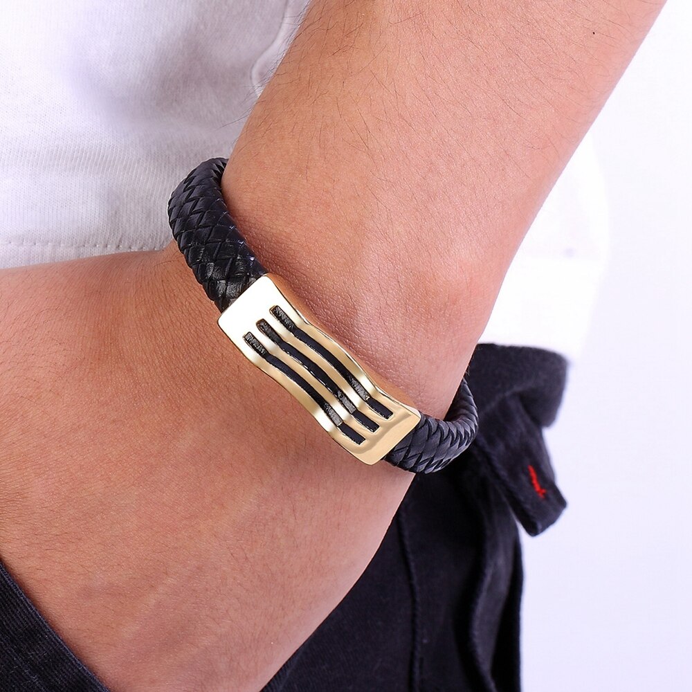 ¡Novedad de ! Pulseras para hombre con cadena de cuero en 3 colores, pulsera de acero inoxidable con cierre magnético a la , accesorios para hombre y mujer