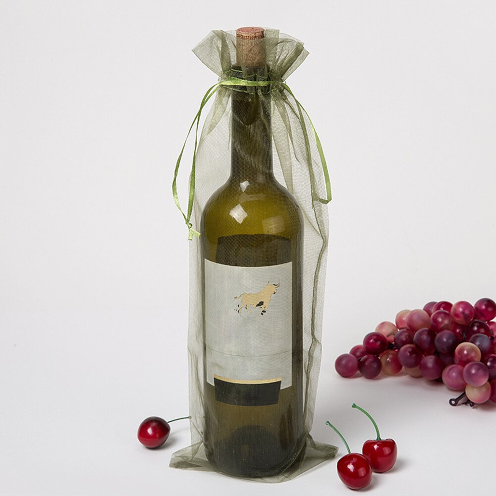 30pcs Drawstring Bottle Cover Wine Bag Home Transparent Pouch Champagne Organza Wedding Fine Mesh Wrapping: Army Green