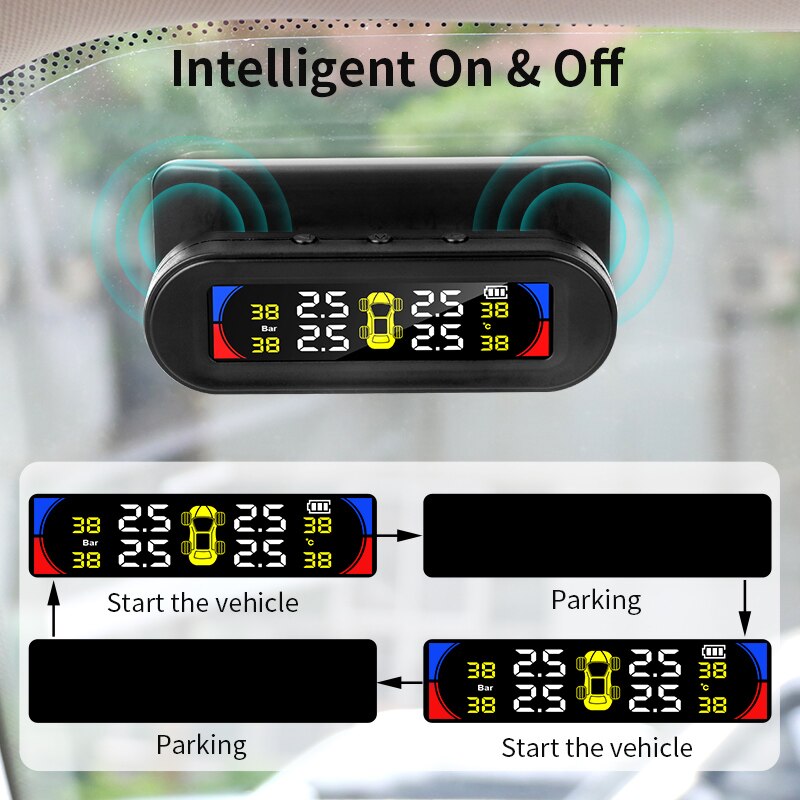 Tpms Groter Scherm Kleurrijke Display Draadloze Tpms 4 Sensoren Bandenspanning Temperatuur Alarm Monitoring Systeem Zonne-energie Opladen