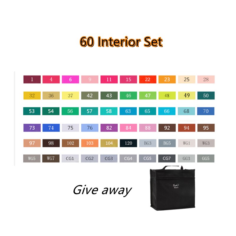 TOUCHNEW Markers Pen 168 colors Sketch Markers Alcohol Based Dual Head Brush Markers Pen For Drawing Manga Art Supplies Markers: 60 interior White