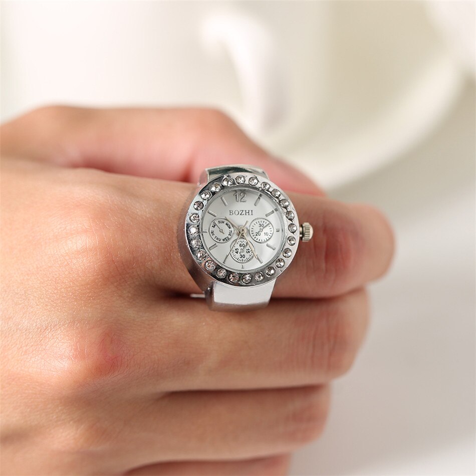 Strass Vrouwen Zilver/Goud/Rose Goud Legering Elastische Band Ring Horloges Quartz Uurwerk