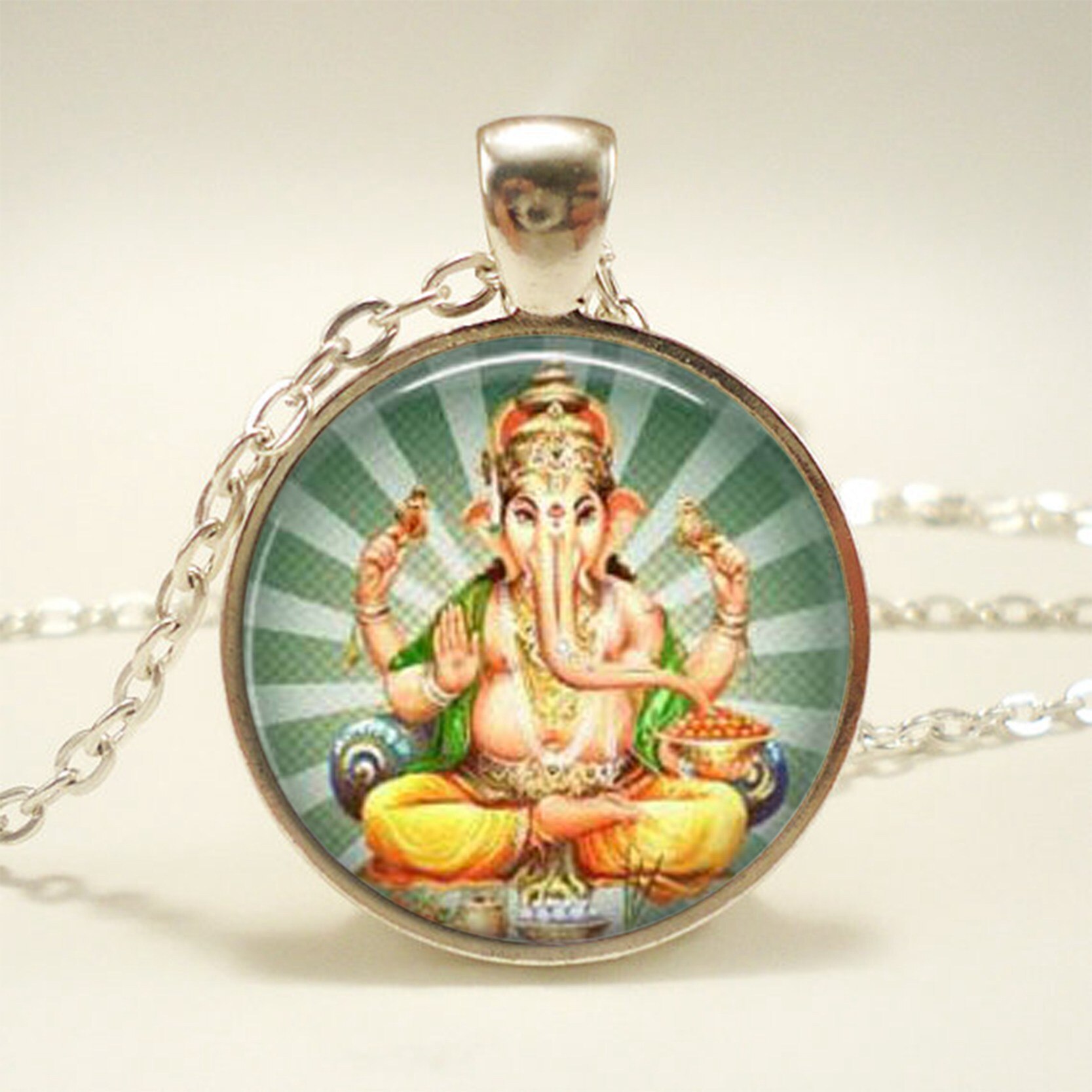 Krishna and Radha Amulet Necklace Glass Cabochon Jewelry Silver Chain Lakshmi Pendant Hinduism Shiva Necklace for Women