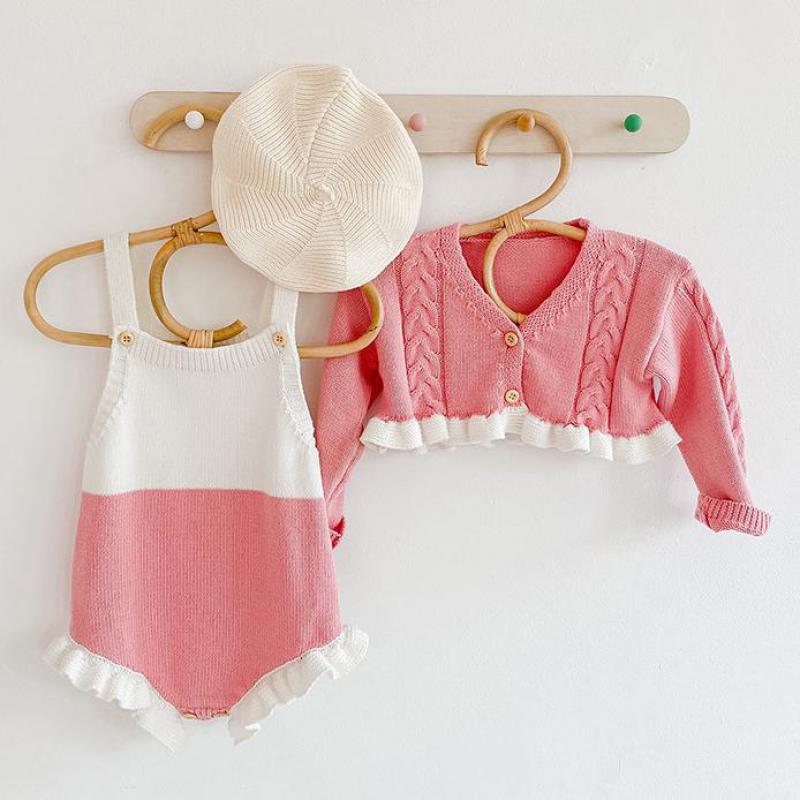 Autumn Baby Girl Clothes Set Girls Short Knit Cardigan Coat And Baby Girl Knitted Ruffled Bodysuit Jumpsuit Girls Sweater Suit