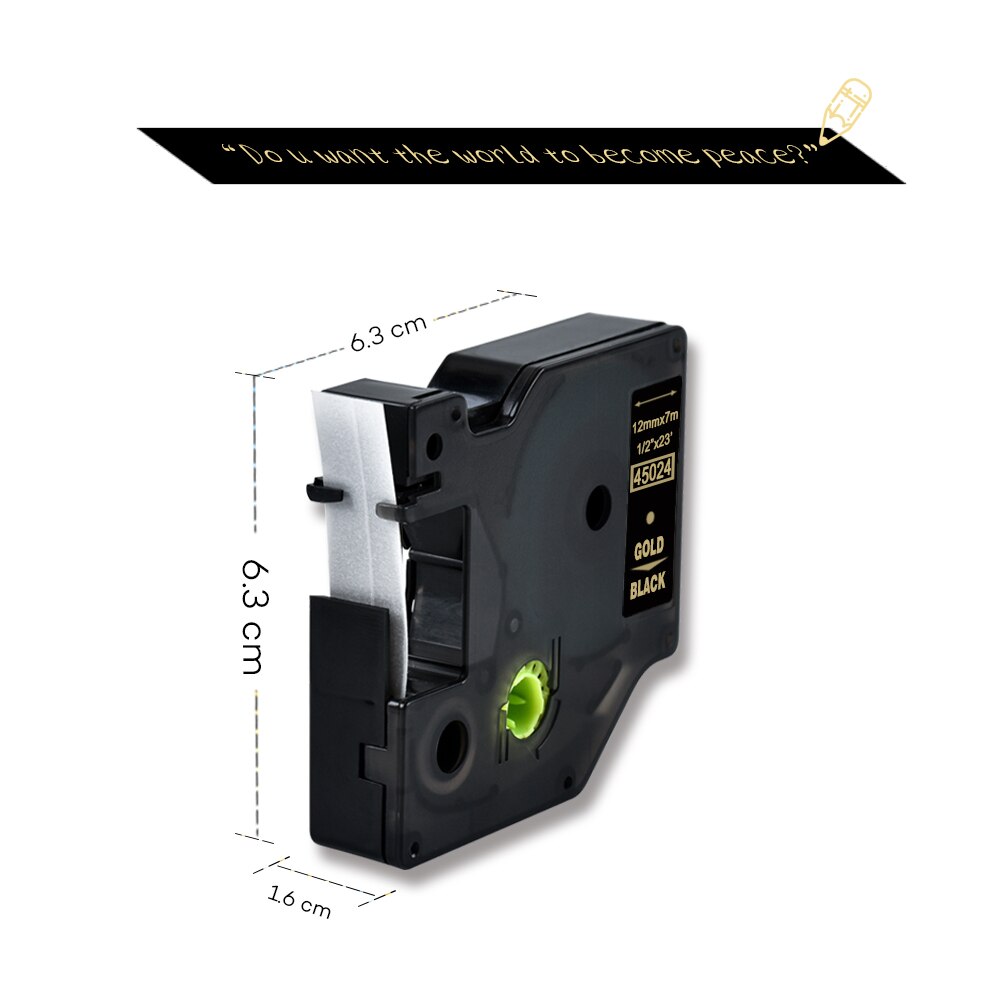 45024 Compatible Dymo D1 12mm Gold on Black Label Tape Label Ribbons Printer Ribbon for Dymo Label Manager 160 280 210