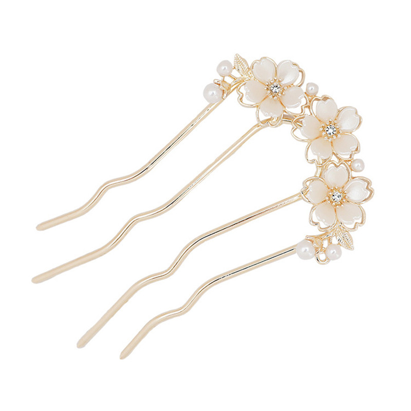 Peinetas para el cabello onduladas con flores y perlas para mujer, horquilla estilo bosque en forma de U, broche para el cabello con cabeza de moño de Metal de alta gama