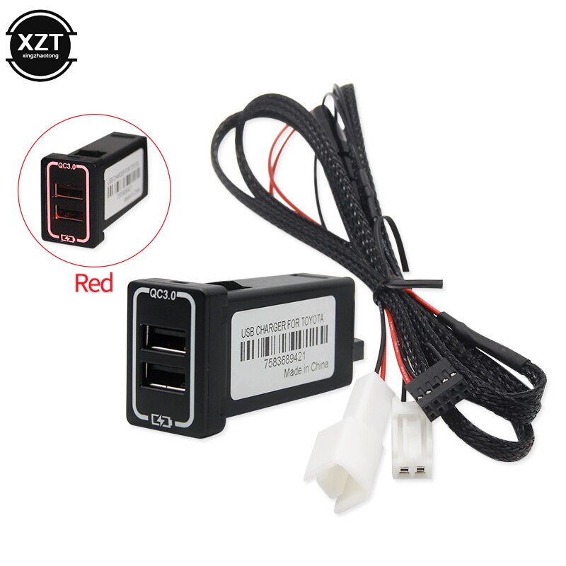 QC3.0 Quickcharge Car Charger Dual USB Phone PDA DVR Adapter Plug & Play Cable For Toyota series Cars: red