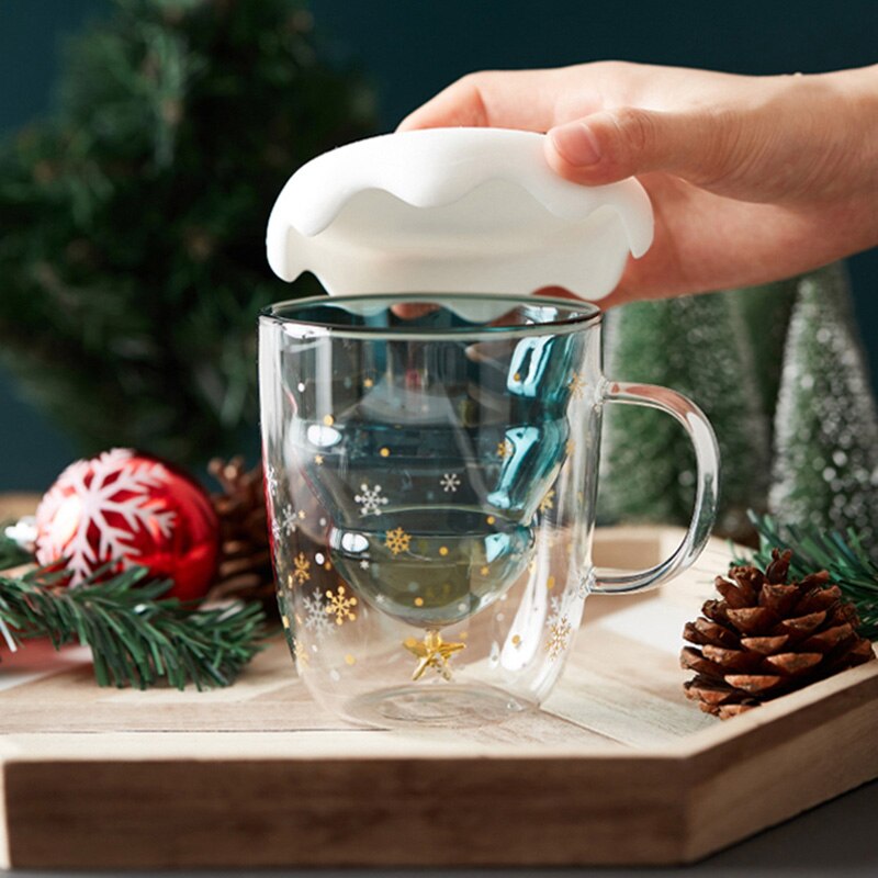 Taza de cristal transparente de doble pared para Año , árbol de Navidad, estrella de la nieve, antiescaldado, para café, leche, botella de agua, de Navidad