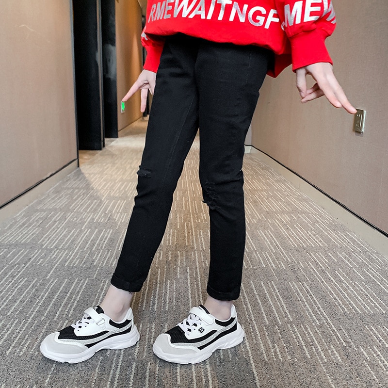 Cuhk Children's Black Ripped Jeans Teenager Girl Thin Elastic Holes Denim Pants Toddler Kids Casual Cowboy Skinny Girls Trousers