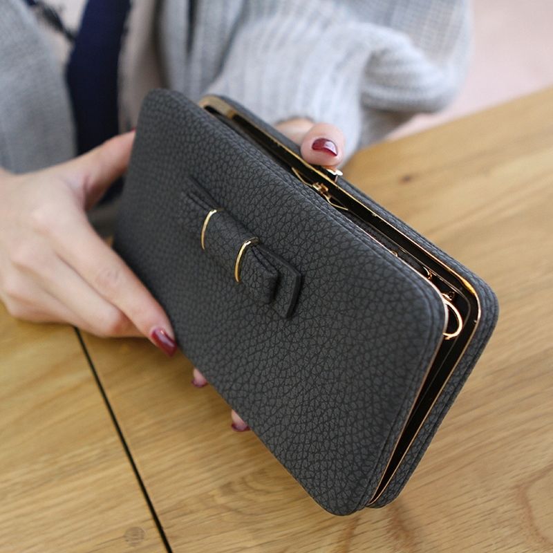 Kvinder bowknot pung lang pung telefon kortholder clutch stor kapacitet lomme kvindelige solid pu tegnebøger
