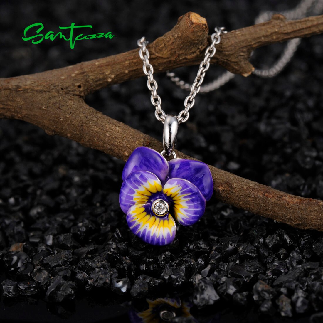 SANTUZZA Pure 925 Sterling Silver Pendant For Women Delicate Purple Flower Trendy Fine Jewelry Handmade Enamel