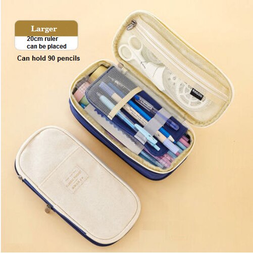 Simple pencil case high capacity primary and students pencil case stationery case: Navy Beige Larger