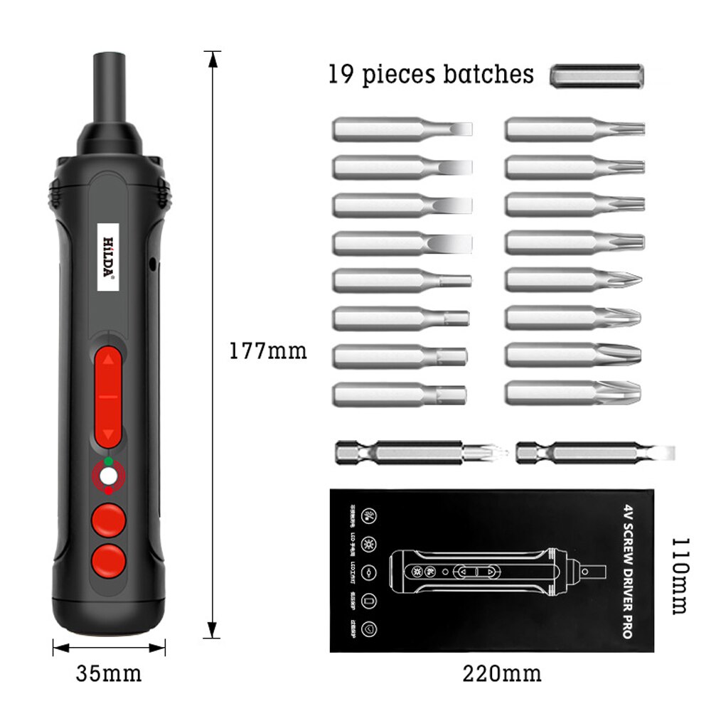 HILDA Electric Screwdriver Set Cordless Electric Drill Mini USB Rechargeable with LED Indicator Light and 19pcs Bits Drill