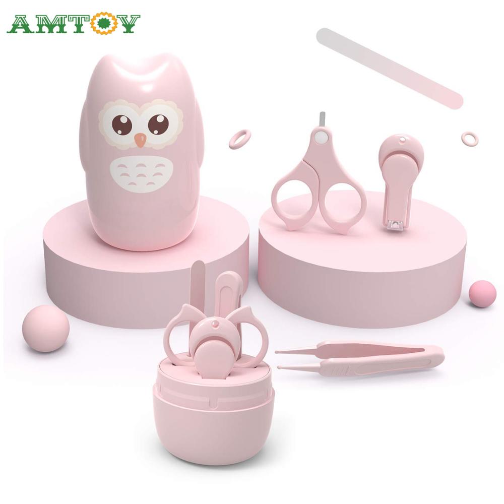 AMTOY-Juego de cuidado de uñas 4 en 1 para bebé recién nacido, cortauñas portátil seguro para niños, tijeras, lima, pinzas, caja, Kit de manicura