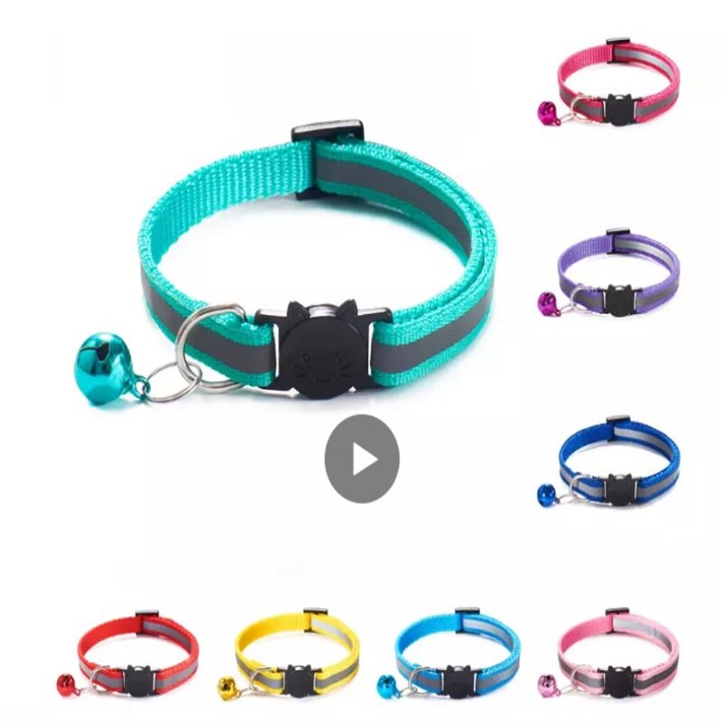 Collier en Nylon avec cloches pour chat, 10 couleurs, boucles réglables, , réfléchissant, motif de tête de chat, fournitures de