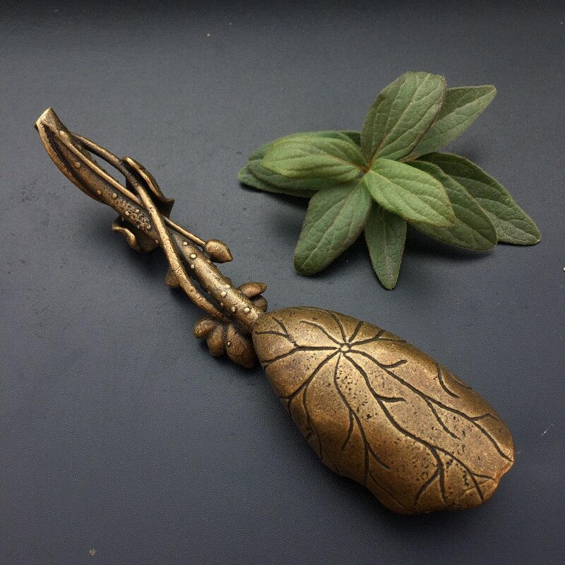 Pure copper Tea shovel handmade micro carving antique lotus leaf spoon antique craft bronze ware