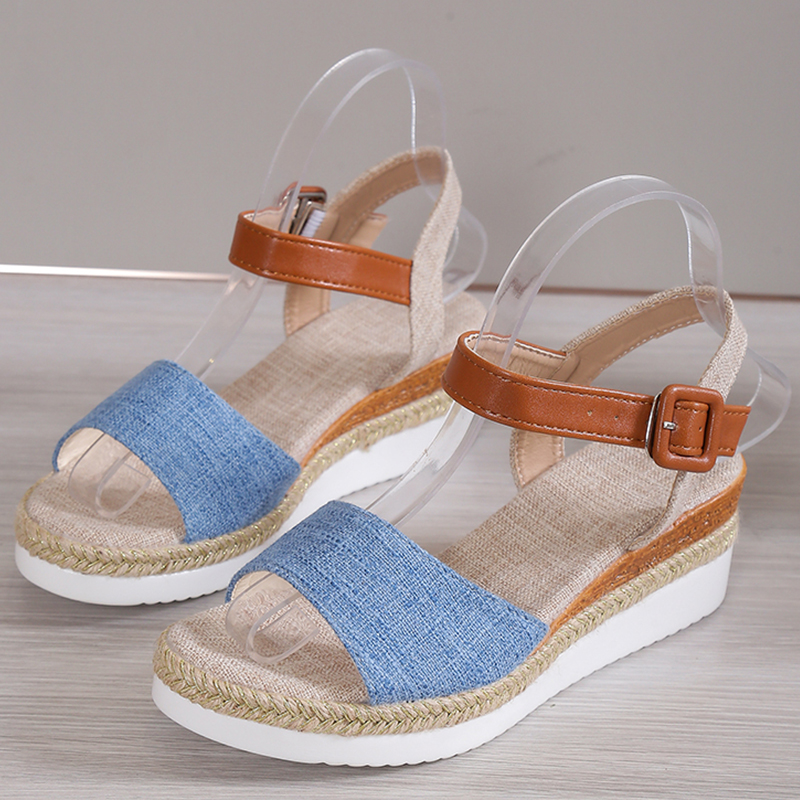 Sandalias de Mujer, Sandalias de tacón con cuña y Punta abierta, zapatos de verano 2025, Sandalias de plataforma baja para Mujer, zapatos de tacón de cáñamo antideslizantes: Azul / 43