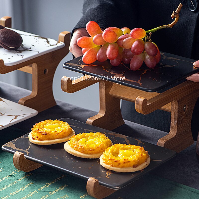 Marbling Keramische Taart Rack Afternoon Tea Snack Dubbele Houten Frame Snack Tafel Decoratie Fruitschaal Dessertbord