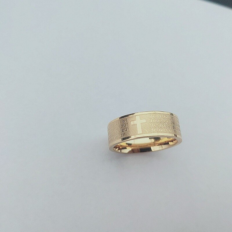Vintage Stainless Steel Cross Scripture Ring for Men Orthodox Christian Jewelry: 7 / Gold