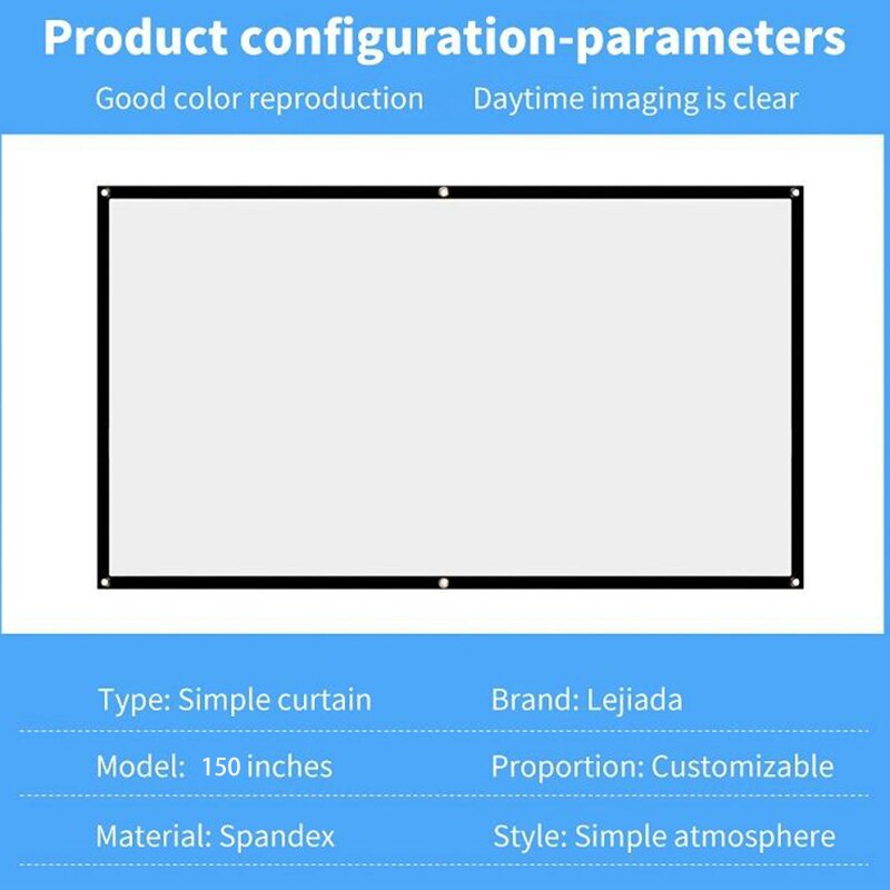 150 Inch Projector Screen HD 16:9 White Dacron Diagonal Video Projection Screen Wall Mounted for Home Theater Movie
