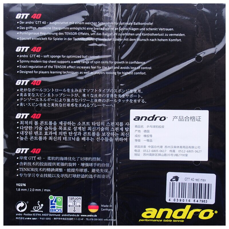 Andro GTT40 – tennis de Table en caoutchouc, attaque rapide + boucle, boutons professionnels en éponge de ping-pong
