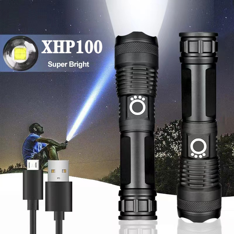Højtydende xhp 100 led-lommelygte genopladelig 4 -kernet zoom-usb-håndlygte til camping, udendørs brug og nødsituationer