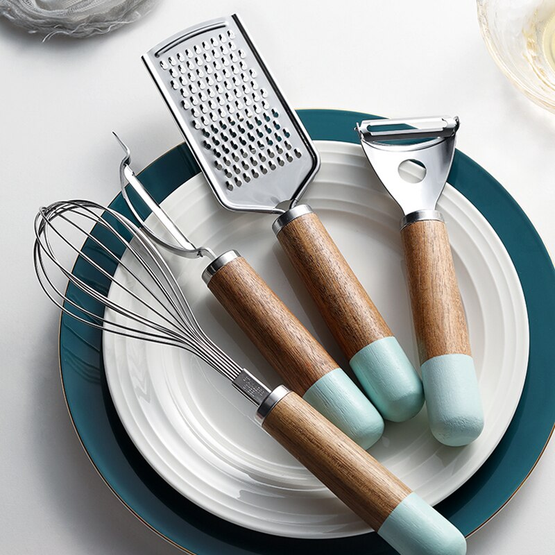 Multifunctional Kitchen Tools Grater Stainless Steel Egg Beater with Wooden Handle Potato Vegetables Fruit Peeler Gadgets Set