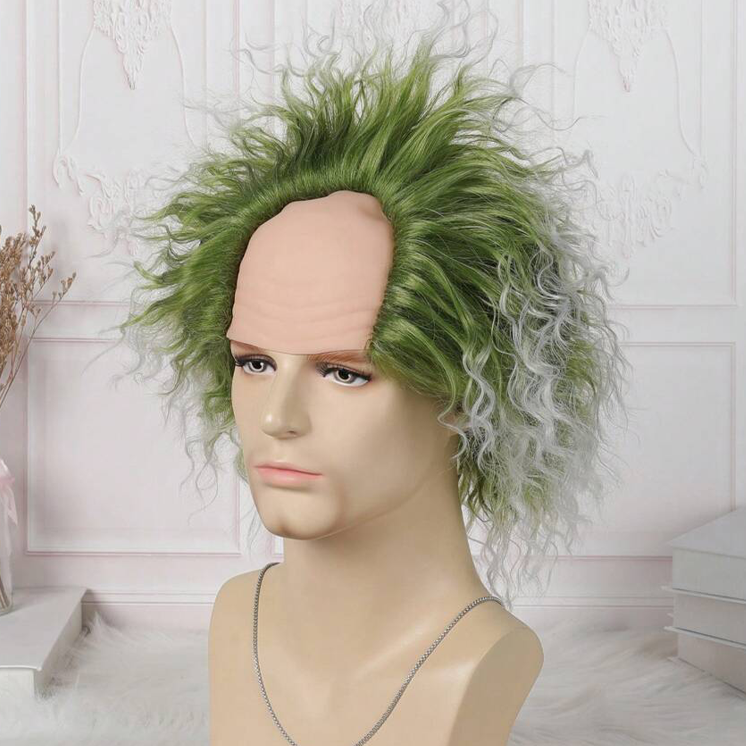 Groene pruik met kaal cap Clown korte krullende pruik groene pluizige golvende pruik partij cosplay pruiken Halloween pruik mannen, 6 inch synthetische pruiken: Default Title
