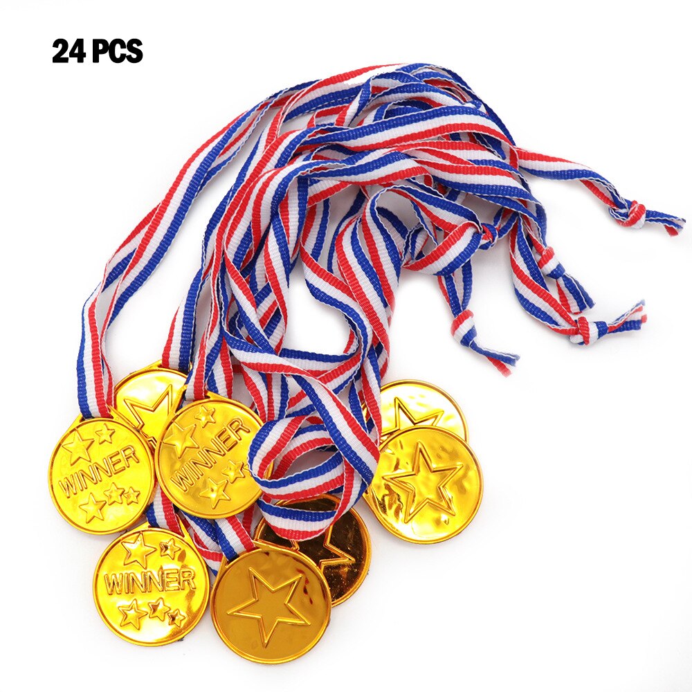 12/24Pcs Kids Children Gold Plastic Winner Medals Sports Day Party Bag Prize Awards Toys For Kids Party Fun Supplies: 24pcs