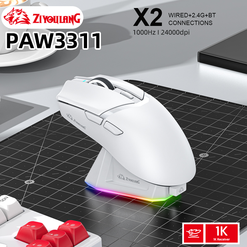 Mysz do gier X2 RGB ładowarka magnetyczna bezprzewodowa, 24000 DPI, 1K powrót połączenie trójtrybowe Bluetooth, mysz do gier makro PAW3311