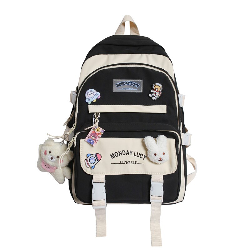 Joypessie Mode Kawaii Schooltas Voor Tiener Waterdichte Nylon Meisjes Bagpack Vrouwen Laptop Rugzak Reistas Zwart Boekentas: black / with bear pendant