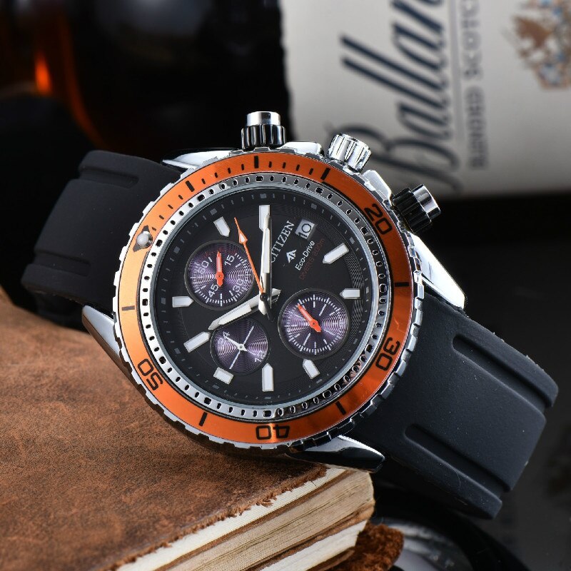 Herenhorloge merkhorloges luxe horloges heren casual rubberen band horloge grote wijzerplaat horloge voor heren multifunctioneel 6- pins horloges: Oranje