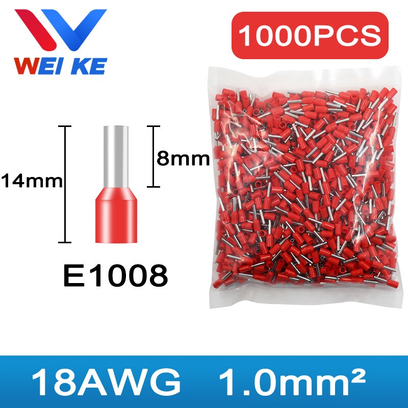 1000PCS/ Pack E0508 E7508 E1008 E1508 Electrical Wire Connectors Insulated Cold Pressed Terminal Ferrules Tubular Crimp Termin: E1008 - 1000PCS