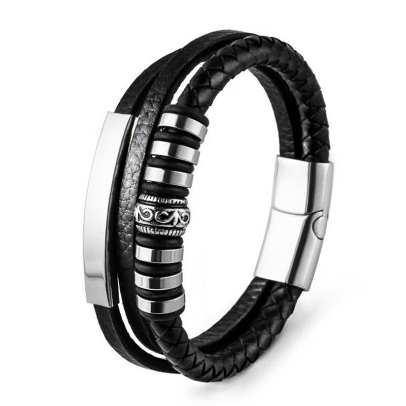 Lädersnöre armband armband herr rostfritt stål läder flätat armband herrsmycken: 20.5cm