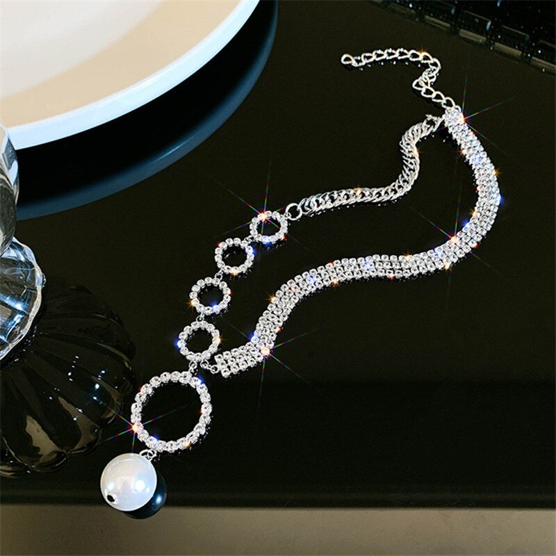 FYUAN Geometric Circle Rhinestone Choker Necklaces for Women Clavicle Chain Pearl Pendant Necklaces Weddings Jewelry Party