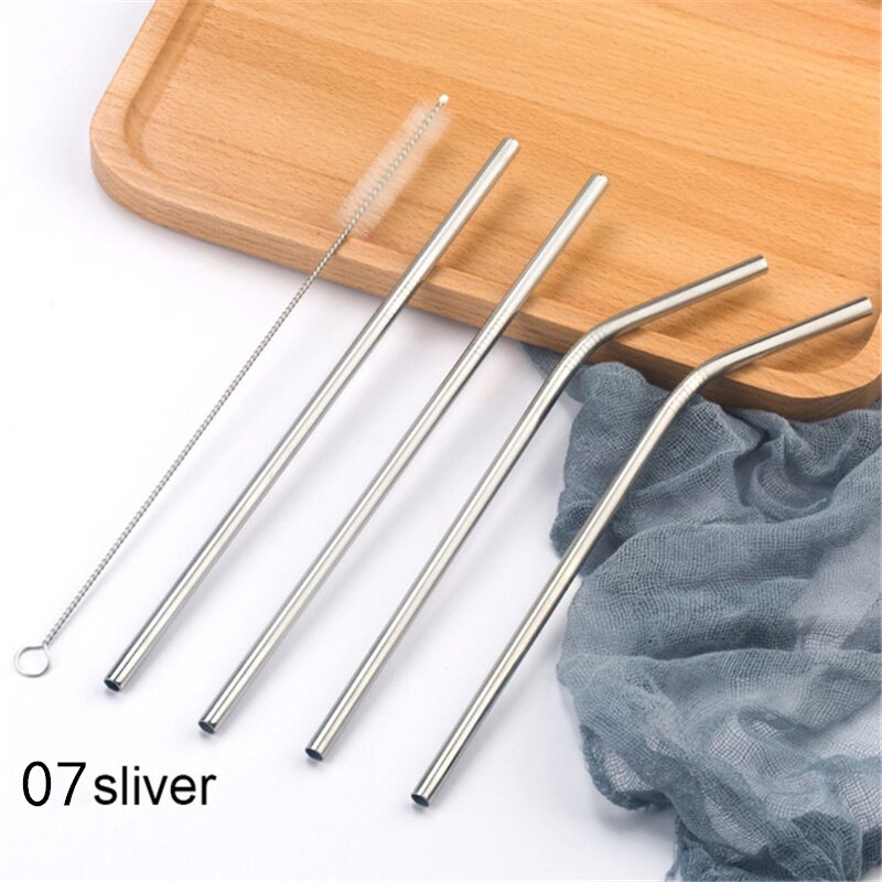 Stainless steel straight/elbow straw portable set reusable straw and straw cleaning brush silver/gold/rose gold/black/rainbow: 7