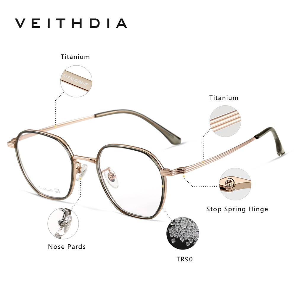 Veithdia-briller optiske titanbriller med +tr90 innfatninger, tilpassbare styrkeglass, menn og kvinner, nærsynthet, databriller med  v5037 innfatninger