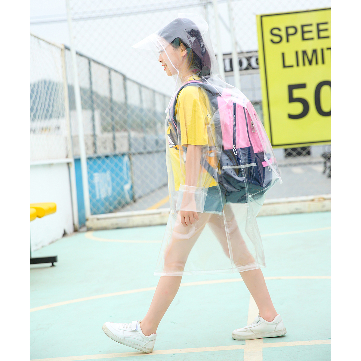 Kids Clear Long Raincoat Transparent Rain Coat with hood and Backpack Position for Children Boys and Girls