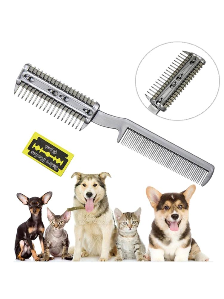 Pet Plastic Comb Double Headed Trimmer Including 2 Metal Blades for Long and Short Haired Cats Dog Grooming Razor Combs
