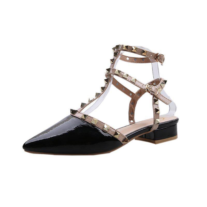 Summer Women Sandals T Strap Rivets Sandal Patent Leather Dress Shoes White Wedding Shoes Flat Sandal: Black / 35