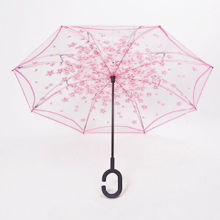Parapluie Transparent inversé Sakura pour femmes, Double couche, poignée en C, coupe-vent, parapluie pliable, équipement de pluie: Pink