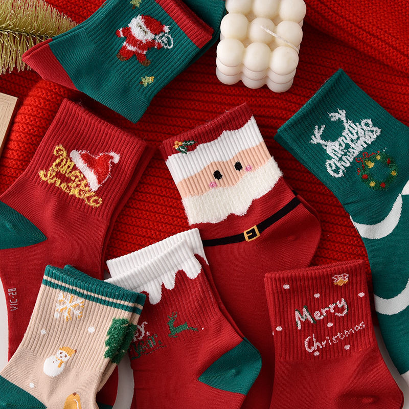 5 Paires Chaussettes Noël Dessin Animé - Motif Cartoon - Femme Casual Tricot - Tube Milieu Épais