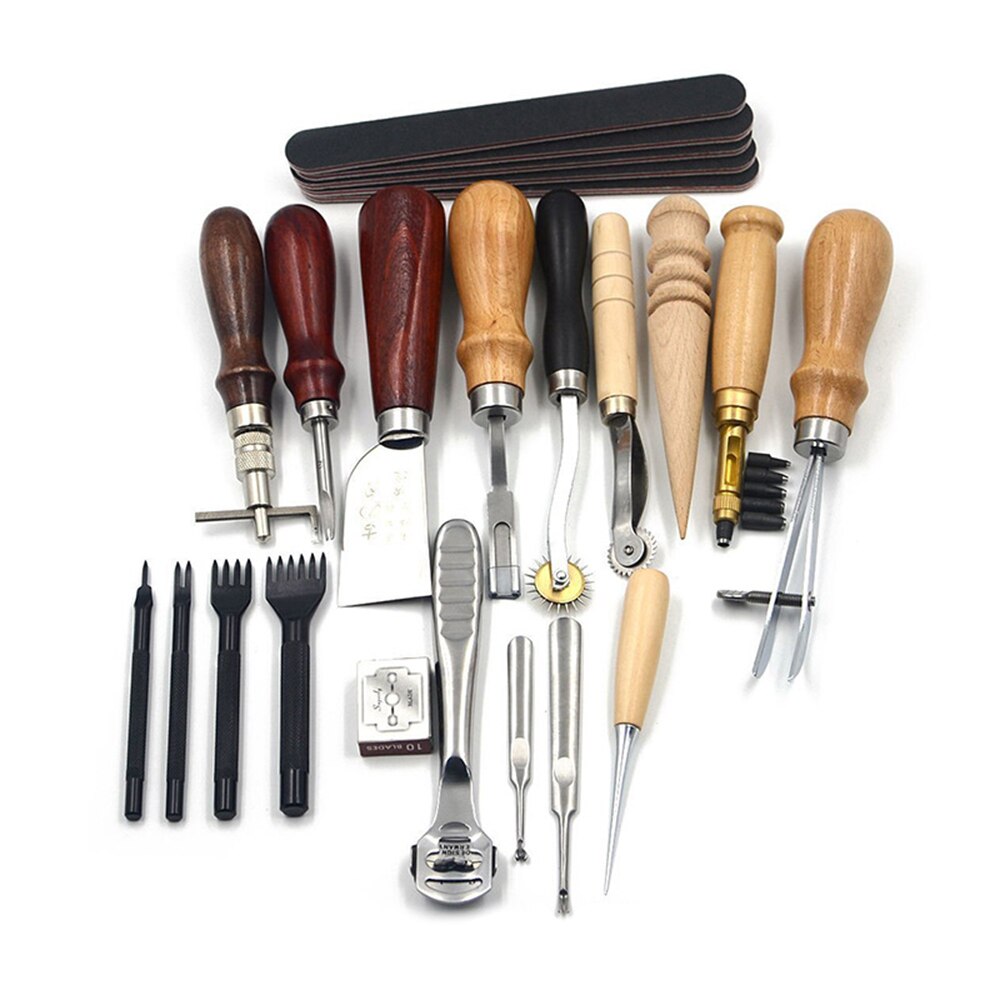 Leather Craft Tools Kit Hand Sewing Stitching Punch Carving Work Saddle Set Accessories DIY Tool 18pcs