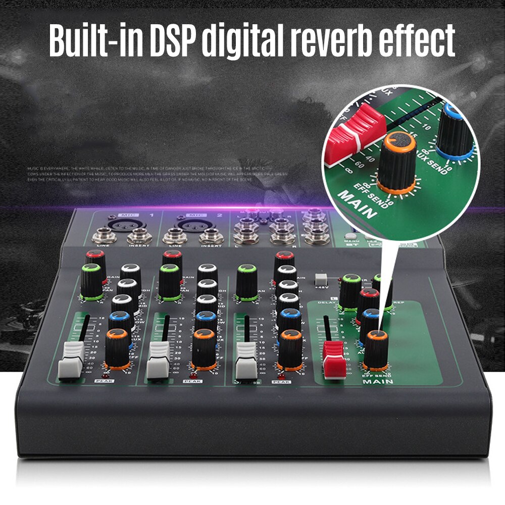 4-Channel Portable Mixing Console Digital Audio Mixer Supports BT Connection Reverb with USB Audio Interface Studio Recording