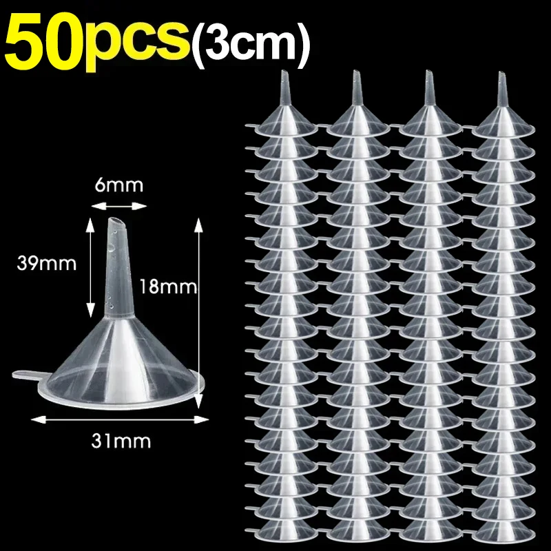 Mini embudos transparentes de plástico, embudos de aceite líquido de boca pequeña, dispensador de líquido cosmético, herramientas de llenado de botellas de laboratorio, 2/50 Uds.: Castaño